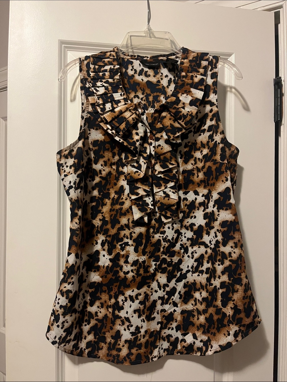 New York & Company Brown and Black Animal Print Ruffle Sleeveless Top